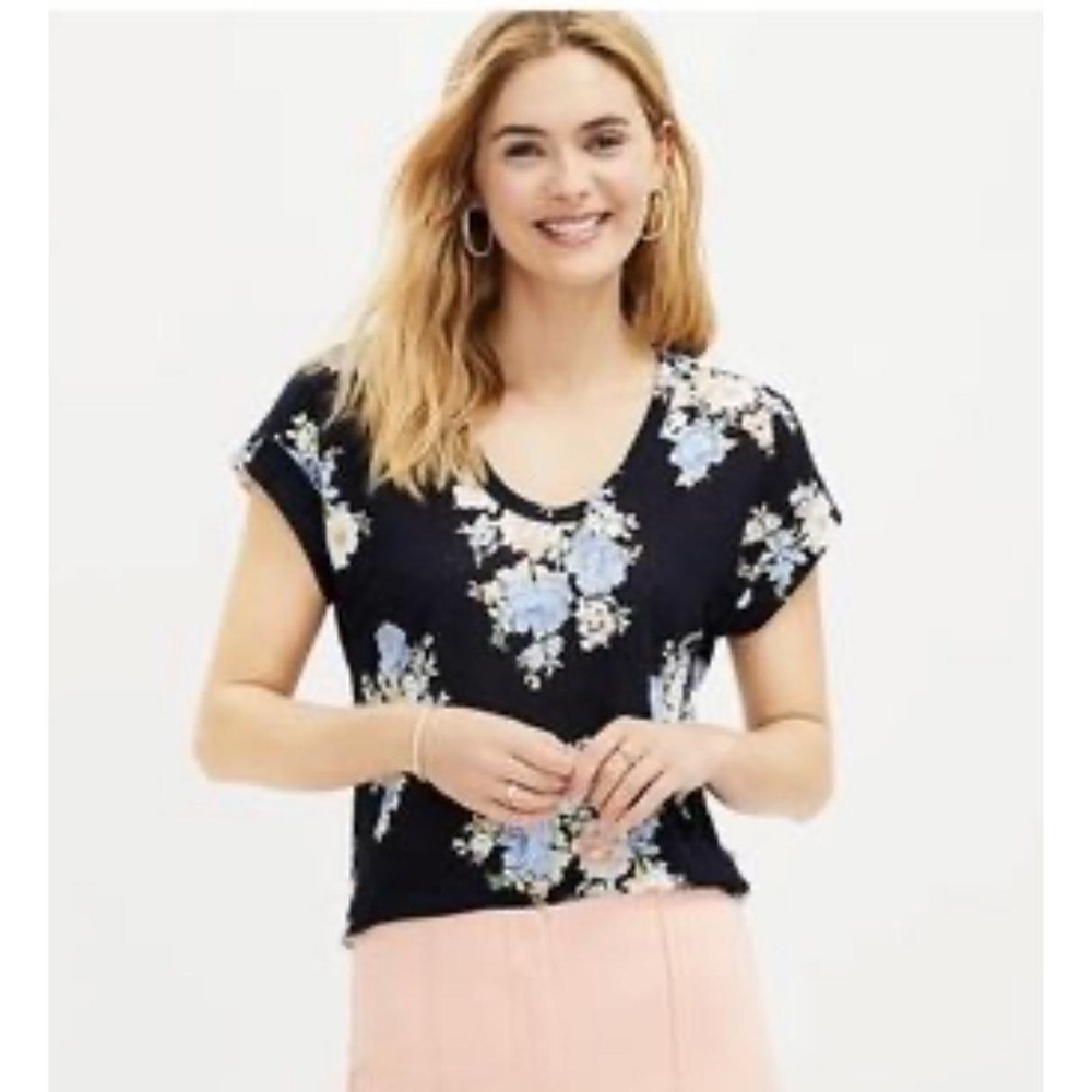LOFT Womens XXL Navy Blue Floral V‎ Neck Linen Blend Cuffed Shirt Casual